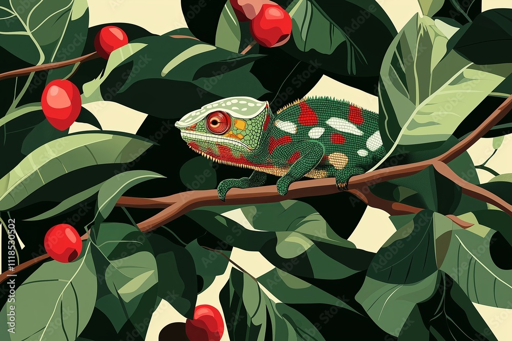 Poster A chameleon blending into its environment on a branch in close-up detail