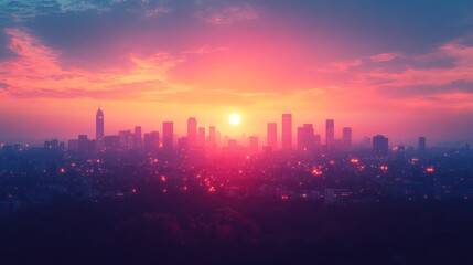 Obraz premium Vibrant sunset over a blurred city skyline.