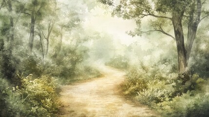 Naklejka premium Enchanting wild forest path with watercolor effect, perfect for nature-inspired wall art or wallpaper