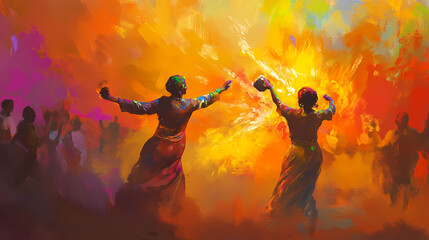 Vibrant holi powder fight, festival of colors revelers joyously throwing vibrant holi powder during a festival of colors, capturing the euphoria and vivid hues. Euphoria. Illustration