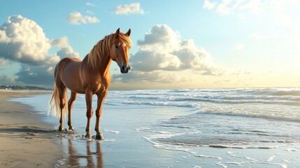 Horse running on the beach at sunset, stunning hd 8k wallpaper of wild beauty and nature
