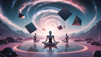Robots are in yoga, robotic yoga, Global Business Team Working Together on a Computer with World Map Illustration