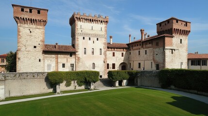 Fototapeta premium A stunning medieval castle boasts impressive turrets and stone walls, surrounded by manicured grass and shrubbery, reflecting timeless beauty