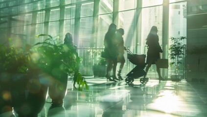 Business people are walking in the lobby of an office building, with green plants and trees outside the window. Sunlight is shining through the glass, with a blurry background and blurred focus. There