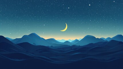 Obraz premium A serene night landscape featuring mountains under a starry sky with a crescent moon.