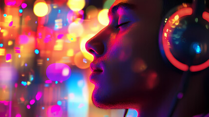 Young man immersed in music, headphones on, surrounded by vibrant neon lights reflecting off his face, capturing a mood of euphoria and creativity. Euphoria. Illustration