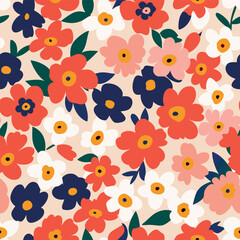 Seamless flowers pattern, Hand-drawn botanical  element, Vector illustration, Doodle floral colorful pattern background.