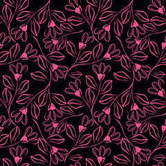 Seamless floral pattern, liberty ditsy print of pretty decorative art meadow, mini wild plants. Cute botanical design: small hand drawn flowers, simple tiny grass, leaves. Vector illustration.