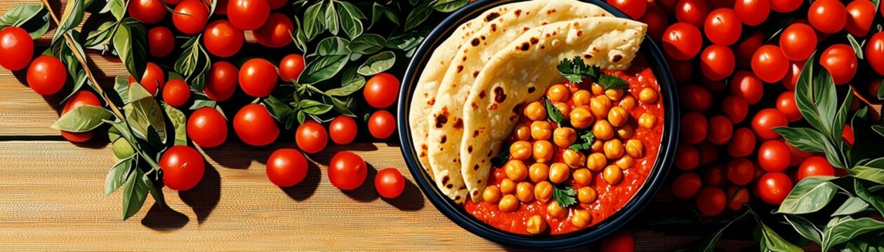 Indian kulcha bread with spicy chickpea curry, styled with a colorful street festival background