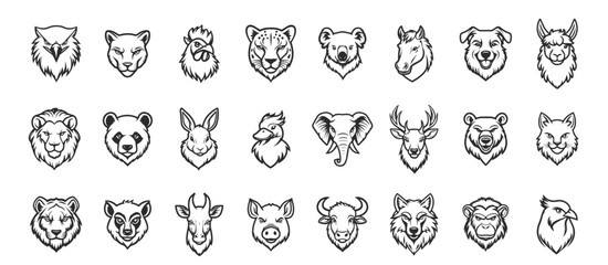 Naklejka premium Animal face icon set. Funny collection head cartoon mammal and drawing zoo or farm character isolated white vector illustration