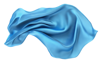 Elegant blue silk fabric draped in folds, isolated on transparent cutout background