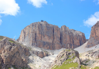cable car station at the summit of the mountain called SASS PORDOI in the European Alps in the Dolomite mountain range in Italy during summer