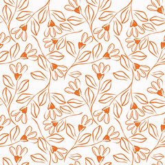 Seamless floral pattern, liberty ditsy print of pretty decorative art meadow, mini wild plants. Cute botanical design: small hand drawn flowers, simple tiny grass, leaves. Vector illustration.