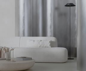Minimalist interior with white sofa, metal curved panel, sleek decor