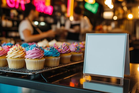 Colorful cupcakes displayed with blank mockup template sign in bakery window