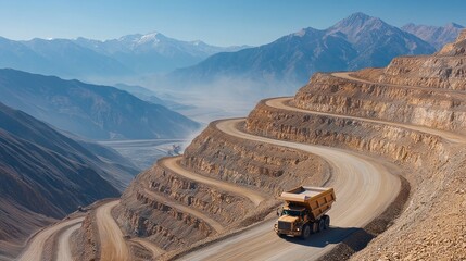 Open-pit copper mine showcases human engineering in Bingham Canyon, Utah, with massive trucks and excavators at work amid towering rock formations - Powered by Adobe