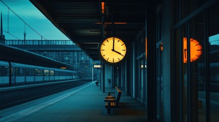 A serene train station at dusk featuring a prominent clock and reflective surfaces.