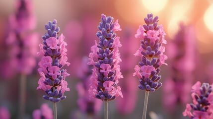 Obraz premium Three lavender stalks at sunset.