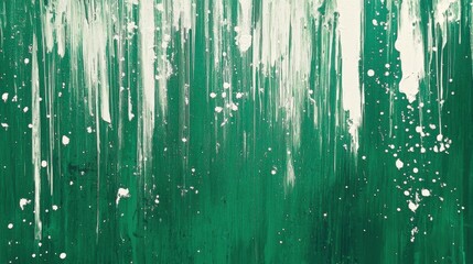 Fototapeta premium Bright streaks of white paint cascade down a rich green background, resembling a natural forest environment. The contrast highlights the interplay between nature and color