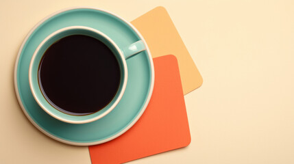 top view of coffee cup on colorful background with coasters. vibrant colors create cheerful atmosphere, perfect for cozy coffee break