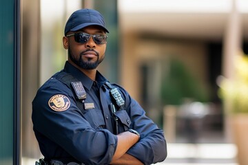 Obraz premium Security officer stands arms crossed, serious expression.