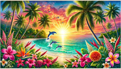 Fototapeta premium Tropical Sunrise with Dolphins, Palm Trees, and Vibrant Flowers