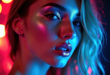 Fototapeta premium Close-up of a woman's face with glittering makeup under colorful lights.