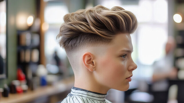 Young woman sporting trendy fade haircut in barbershop