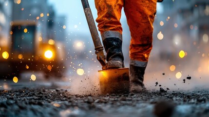 A worker using a jackhammer to break concrete, the scene filled with dust and action in a downtown construction area