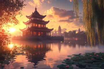 Fototapeta premium Tranquil Temple by the Lotus Pond Under Sunset Light