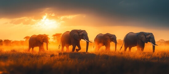 Obraz premium African elephants walking at sunset in savanna.