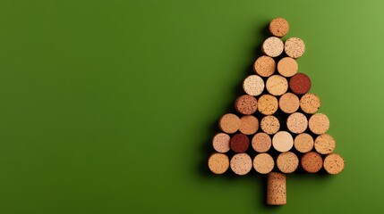 Unique arrangement of wine corks shaped like a Christmas tree sits against a bright green background, perfect for holiday decorations and festive themes, offering ample copy space for design elements