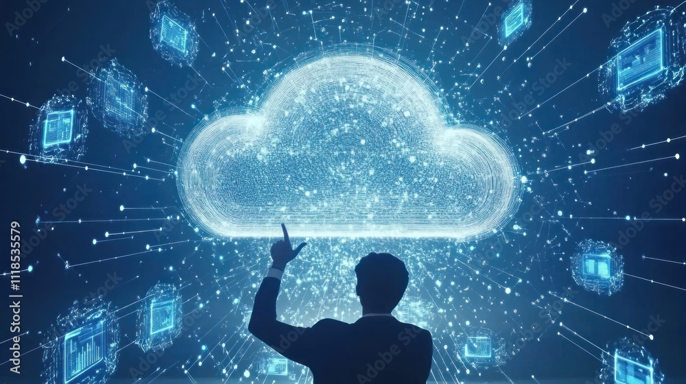 Poster a silhouette of a person interacting with a digital cloud, representing cloud technology.