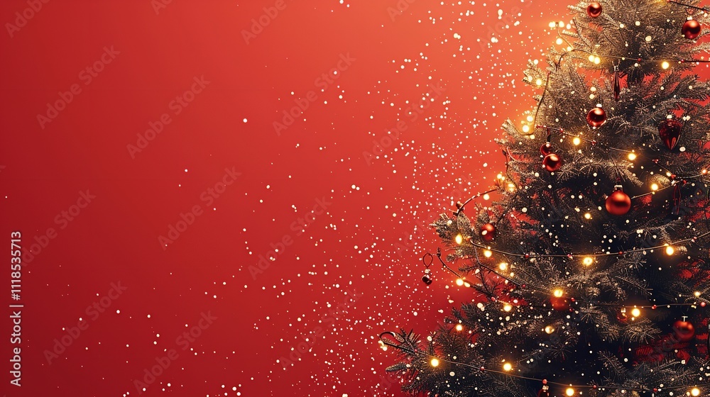 Aufkleber A close-up graphic of the fir tree and strings of lights in the background on a red background having enough of content area for backdrop usage, Generative AI.
