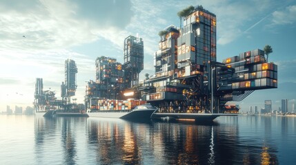 Fototapeta premium Futuristic port city where container ships float above the water on magnetic fields, innovation in maritime transport 