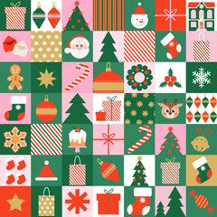 Christmas seamless pattern in modern simple geometric style with Xmas icons elements for wrapping paper,  textile, fabric, background, wallpaper.