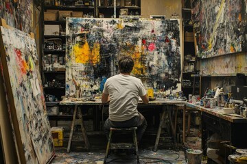 Artist sits, back turned, amidst colorful abstract paintings.
