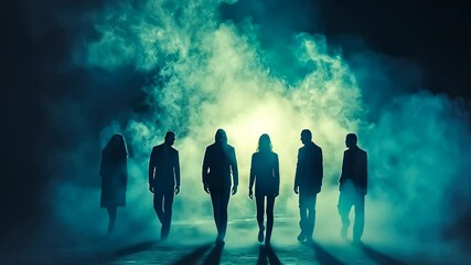 Several people stand shrouded in mist illuminated by haunting blue light, radiating themes of mystery and suspense at night. Their identities obscure, they evoke a sense of the unknown, cloaked in