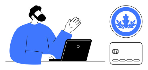 Businessman waving while working on laptop, credit card and round blue leaf logo. Ideal for banking, finance, communication, technology, online transactions, business presentations, digital identity