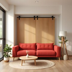 Fototapeta premium japandi living room, minimalist interior design, red single-seat sofa, modern home decor, scandinavian japanese style, wooden door, cozy space, neutral tones, simple furniture