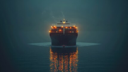 Fototapeta premium Night view of a container ship with lights reflecting on the water, emphasizing quiet strength and solitude