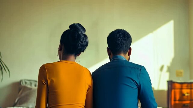 An African American man and woman sit back to back, visibly upset after an argument. Indoor, soft lighting highlights their discomfort. Their expressions and posture suggest unresolved conflict.