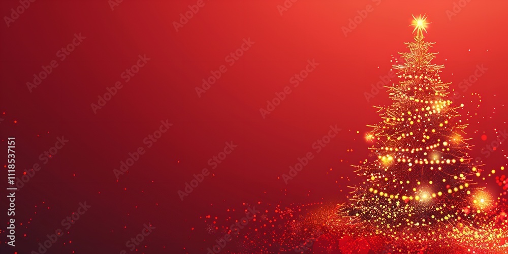 Aufkleber A close-up graphic of the fir tree and strings of lights in the background on a red background having enough of content area for backdrop usage, Generative AI.