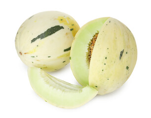 Whole and cut fresh ripe melons isolated on white
