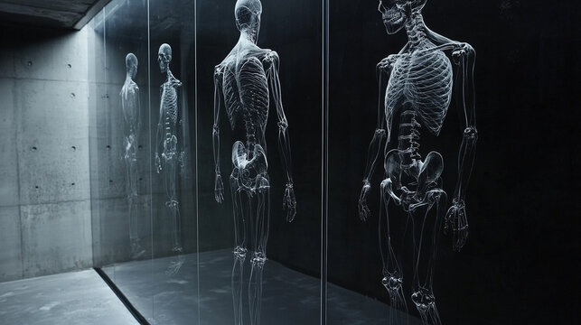 A detailed illustration of human skeletons in a dark room, showcasing the intricate structure of the human body