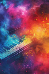 Obraz premium Colorful abstract piano keys with vibrant splashes of red, blue, and yellow, symbolizing musical creativity and energy.