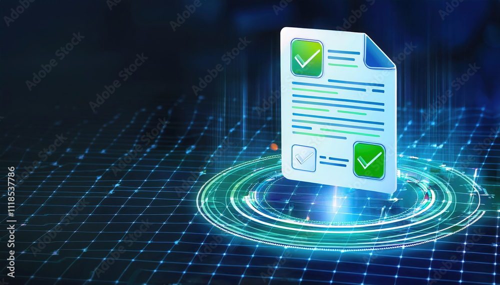 Poster smart contract visualized as glowing document with green check marks, symbolizing verification and s
