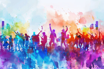 Obraz premium Colorful watercolor festival scene with dancing silhouettes, lanterns, and joyful atmosphere, capturing vibrant cultural celebration.