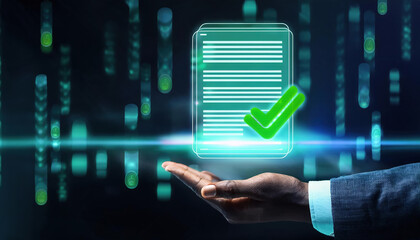 smart contract visualized as glowing document with green check marks, symbolizing approval and security in digital transactions