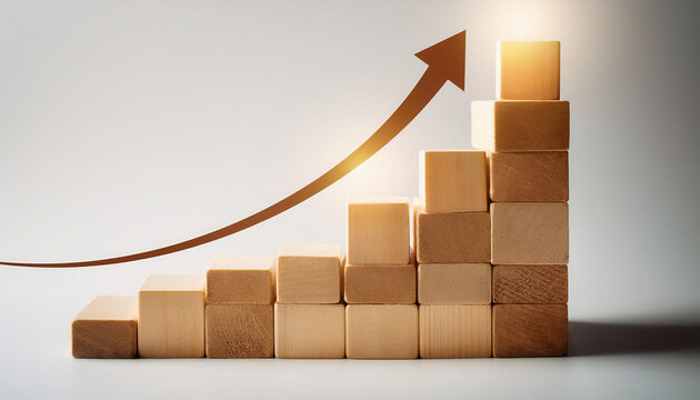 Wooden blocks forming upward graph with glowing arrows indicating growth, symbolizing progress and success in business or personal development